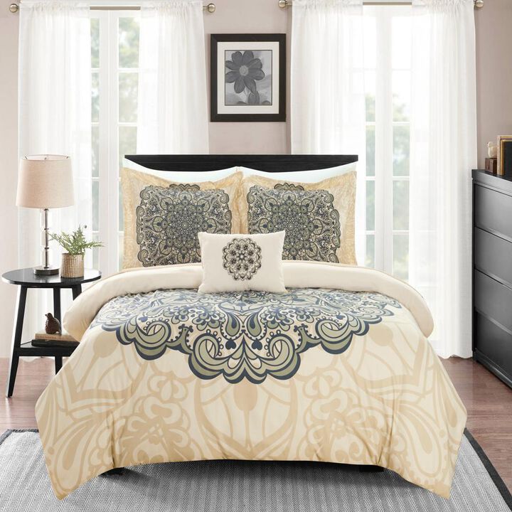 Chic Home Mindy 8 Piece Reversible Duvet Cover Set Large Scale Boho Inspired Medallion Paisley Print Design Bed in a Bag Queen Beige