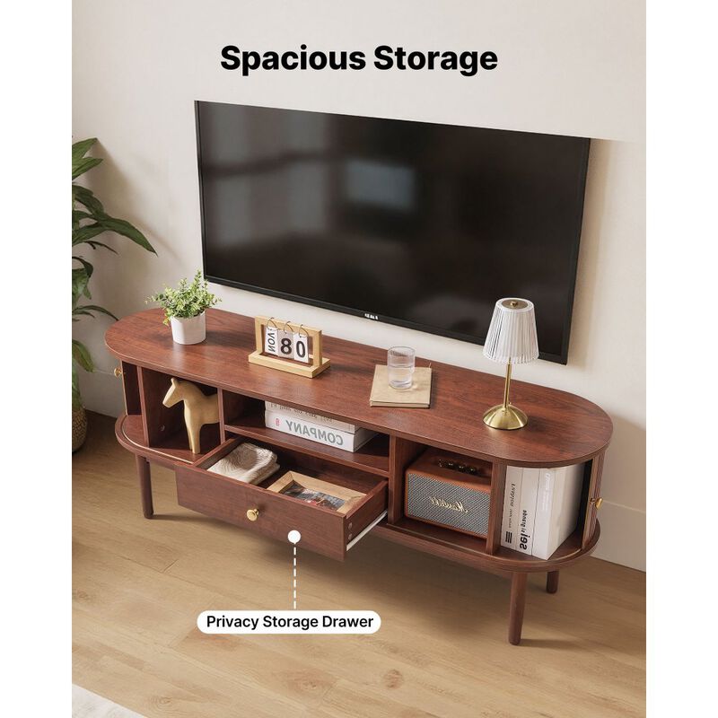 Mid Century TV Stand for TVs up to 58 Inch with Drawer and Storage Shelves-Brown image number 2