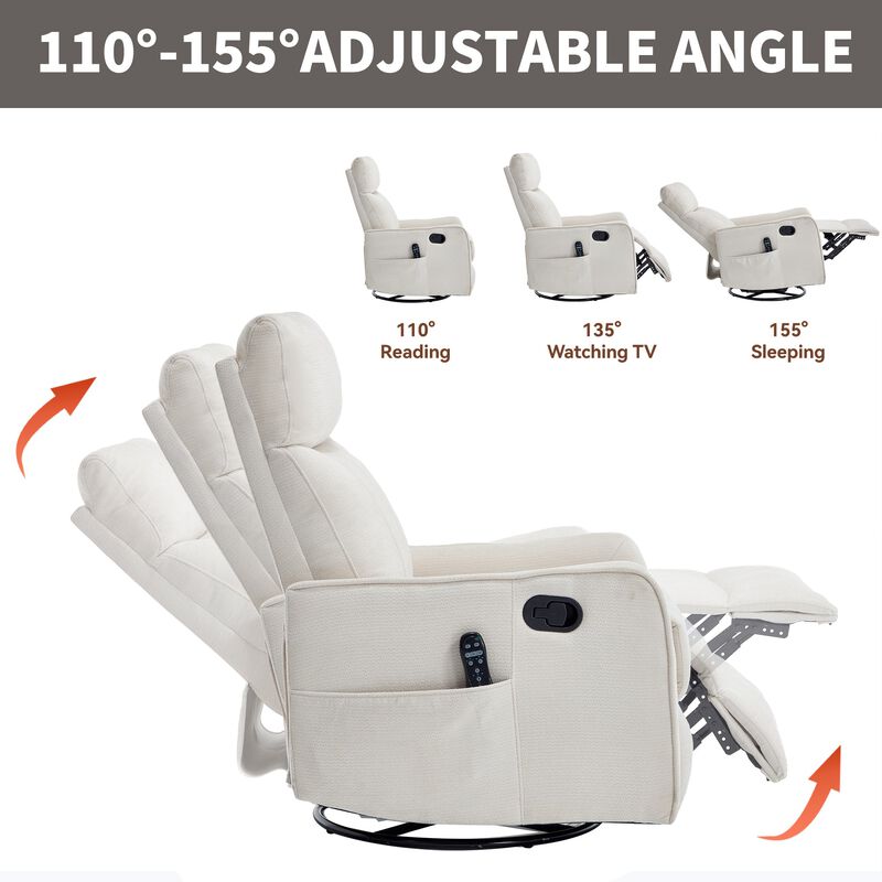 Chenille Manual Recliner Chair with Heat and Massage, Living Room Rocker and Swivel Chair image number 4