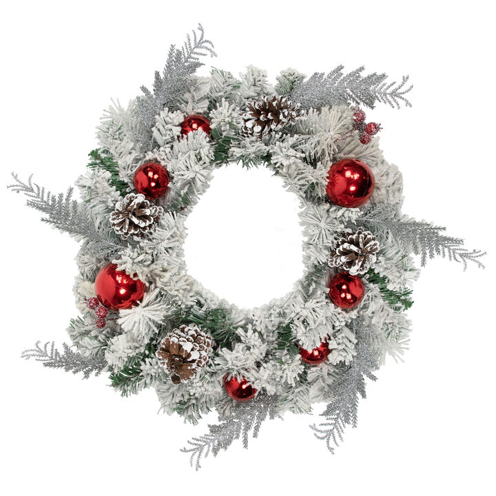 Flocked Pine with Red Ornaments Artificial Christmas Wreath  24-Inch  Unlit