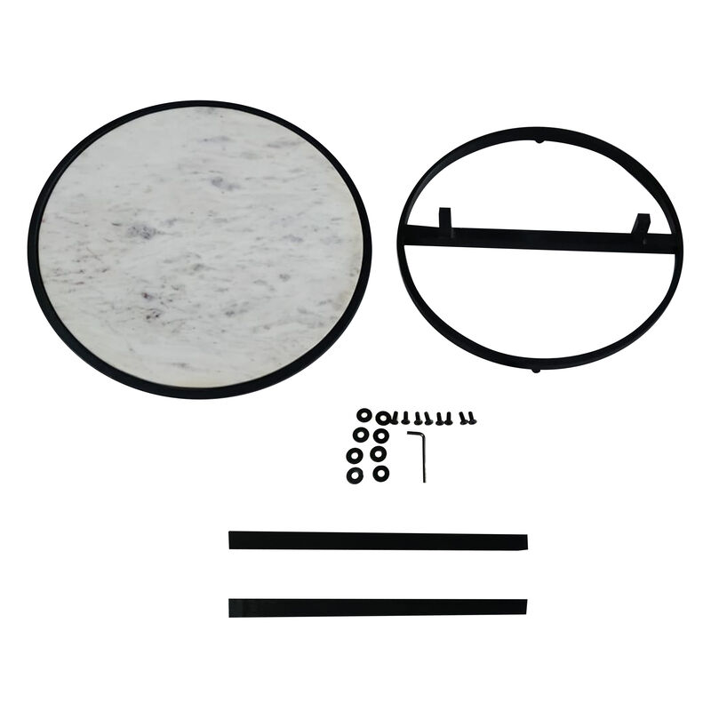 Beri 18 Inch Side End Table, Round White Natural Marble Top, Classic Slim Black Iron Frame