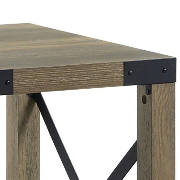 Eli 22 Inch Wood End Table, Metal Brackets, Cross Bars, Rustic Oak Brown-Benzara