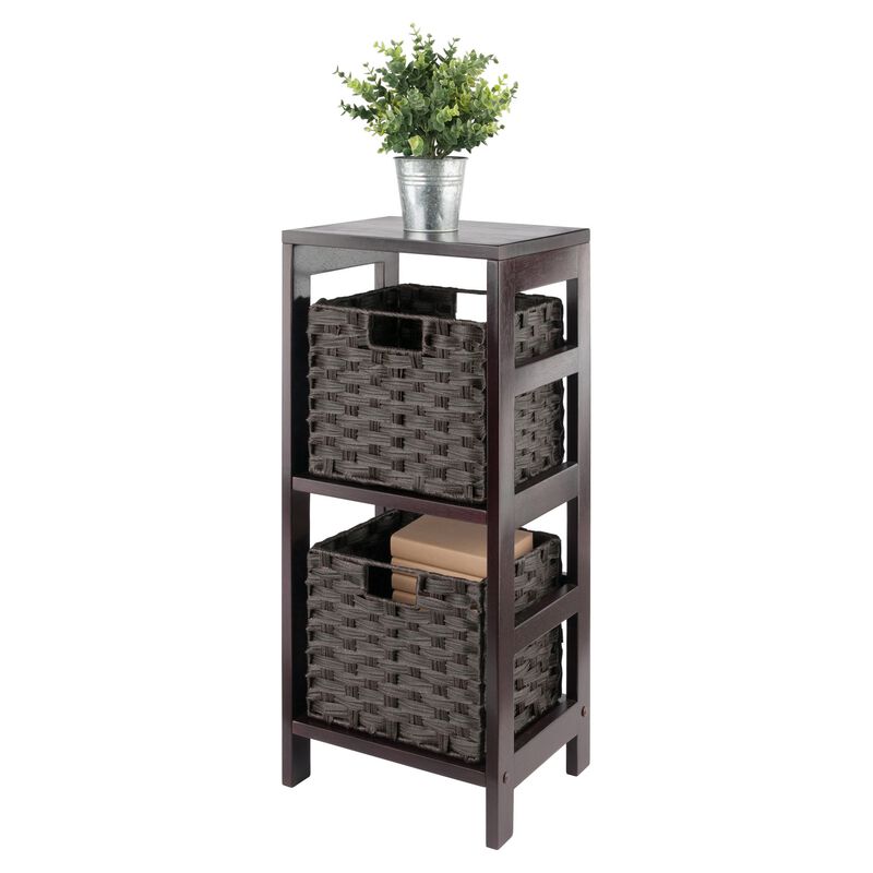 Winsome Wood Leo 3-Pc Storage Shelf with 2 Foldable Woven Baskets - Espresso and Chocolate