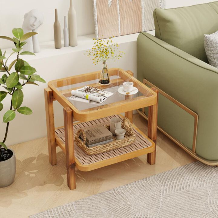 Hivvago Rattan 2-Tier End Side Table with Tempered Glass Top Acacia Wood Legs