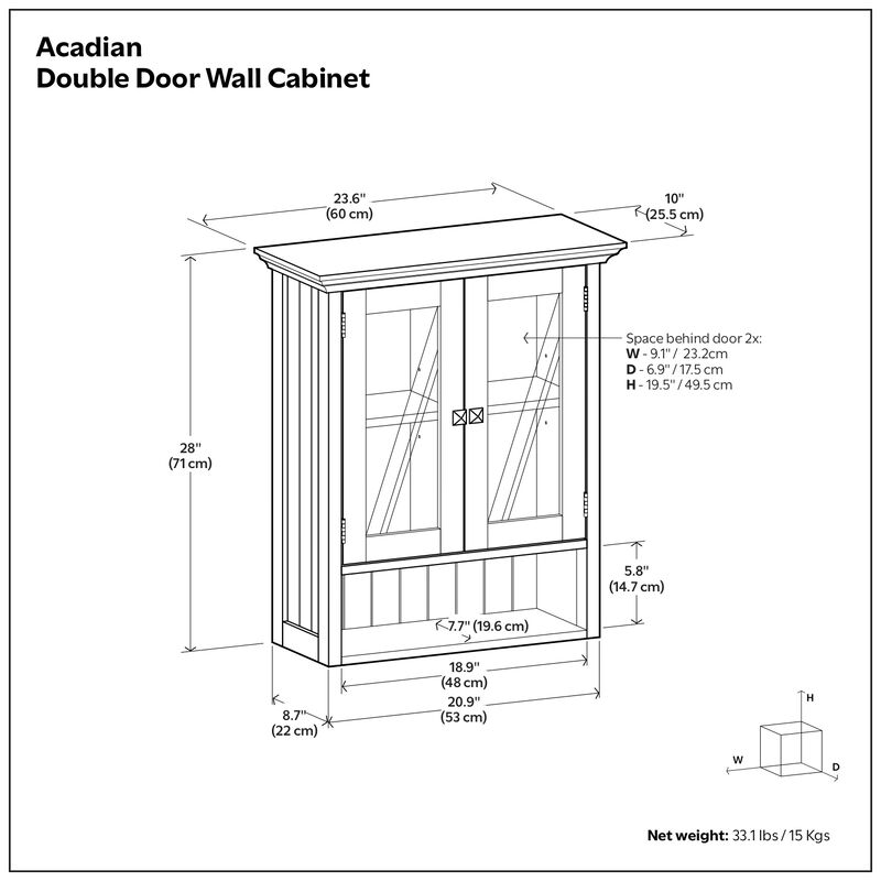Simpli Home Acadian 24W Wall Cabinet with 2 Glass Doors and Shelf image number 9