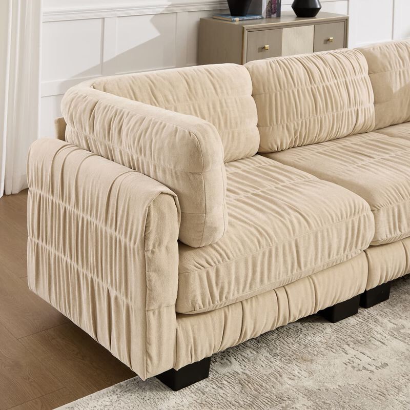 4 seat modular sectional sofa, Chenille L shaped sectional couch with ruched detailing, Modular sectional with 2 movable ottomans image number 6