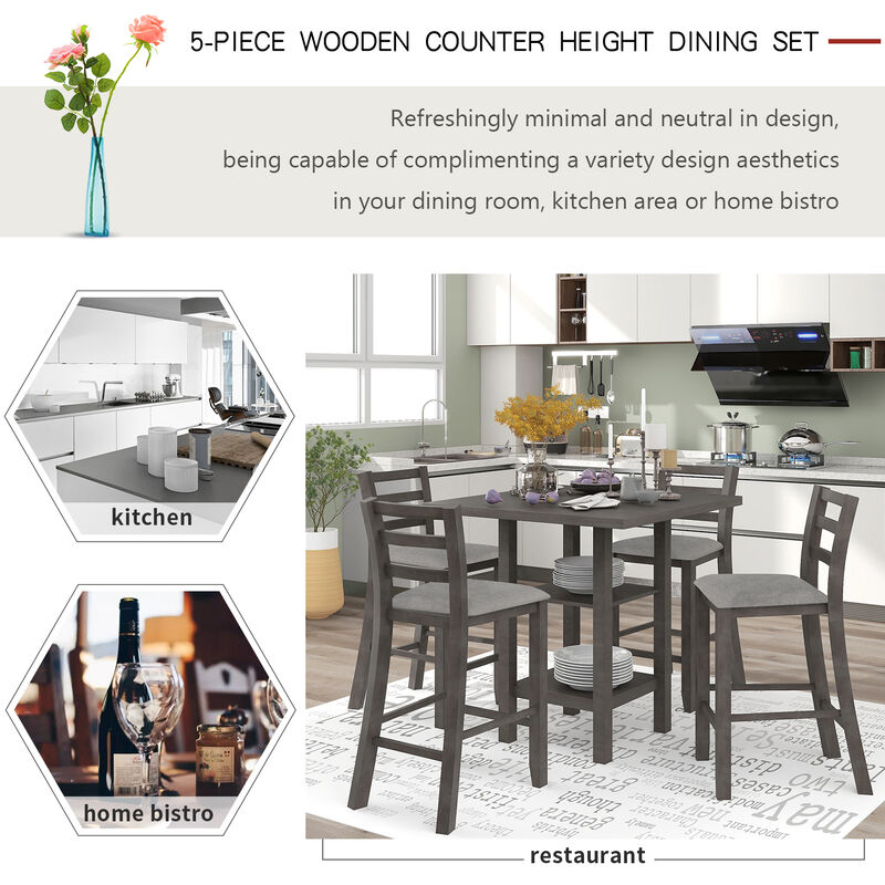 Whisen 5-Piece Wooden Counter Height Dining Set with Padded Chairs and Storage Shelving - Gray