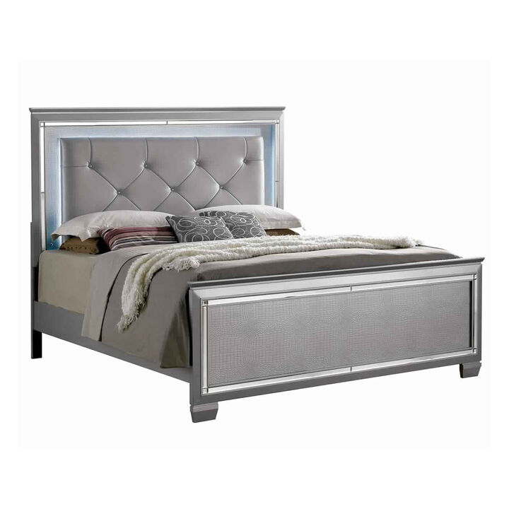 Kae 4 Pc California King Bedroom Set, LED and Mirror Trim, Champagne Silver - Benzara