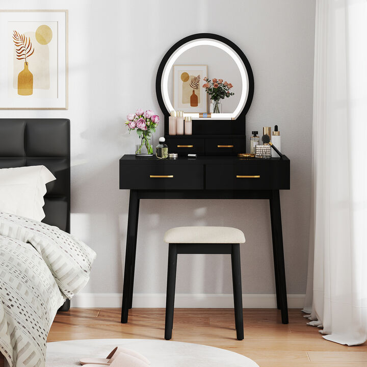 Small Vanity Makeup Dressing Table Set with Cushioned Stool and LED Lighted Mirror