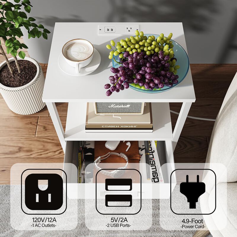 TUTOTAK End Table with Charging Station, Side Table with 2 USB Ports and Outlets, Nightstand with Cloth Drawer, Set of 2, Couch