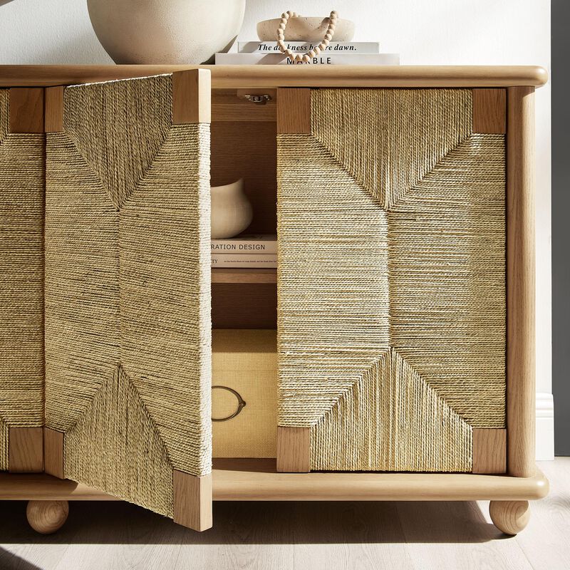 Marola 71 Inch Oak Wood Sideboard with 4 Seagrass Doors image number 4