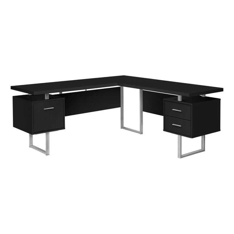Computer Desk, Home Office, Corner, Left, Right Set-Up, Storage Drawers, 70"L, L Shape, Work, Laptop, Metal, Laminate, Black, Grey, Contemporary, Modern