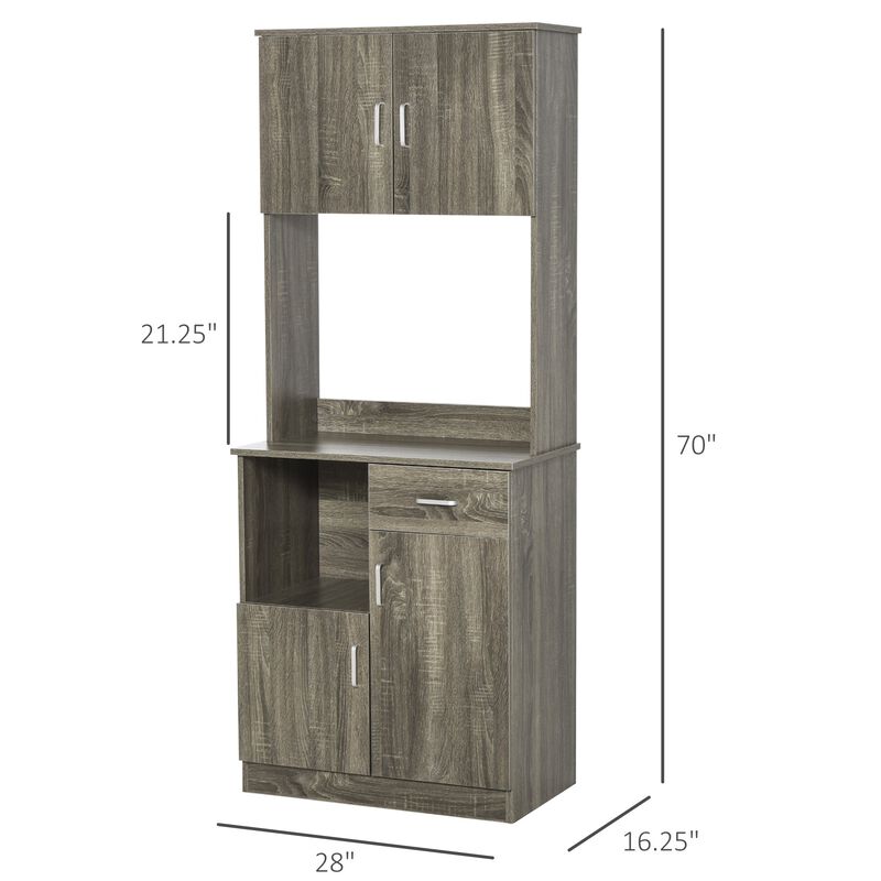Kitchen Pantry Storage Cabinet with Microwave Stand, Buffet with Hutch, Door Cupboards, Drawer and Adjustable Shelves, Gray
