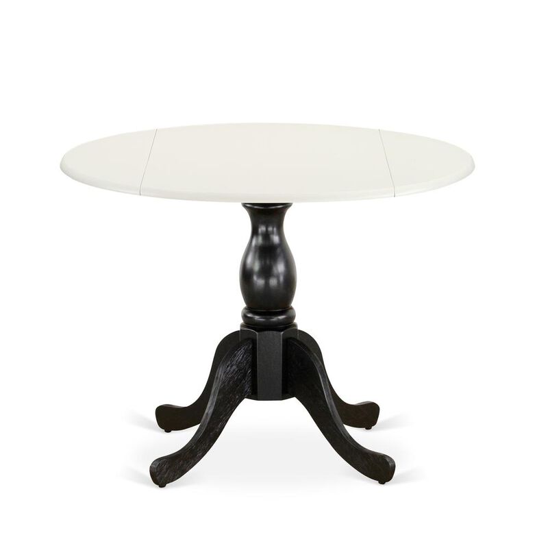 East West Furniture Round Kitchen Table with Drop Leaves - Linen White Table Top and Black Pedestal Leg Finish