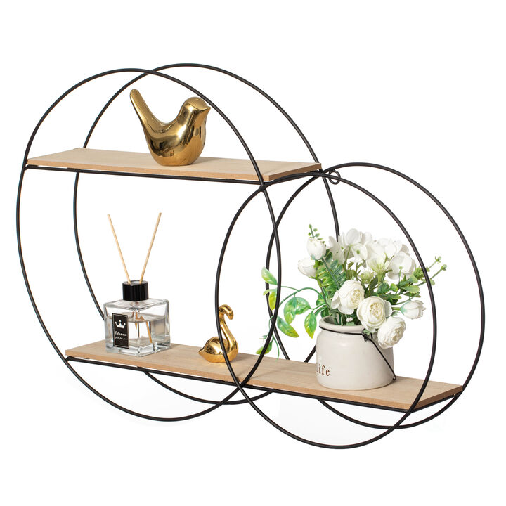 Vintiquewise Interlinked Round Wall-Mounted Shelf - Dual-Size Circular Design, Sturdy Metal Frame and 2-Tier Wooden Shelves for Modern Decor, Home Organization and Practical Storage Solutions, Black