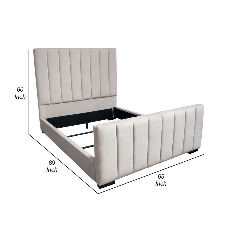 Eva Queen Bed, Vertical Channel Tufted Light Gray Velvet Upholstery