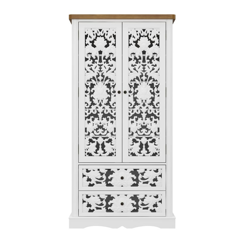 FUFU&GAGA Carved White Wardrobe with 2 Doors & 2 Drawers, Antique Metal Pulls, Wood Grain Top (33.1 in. W x 15.7 in. D x 66.1 in. H)