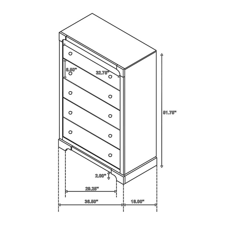 Seon Tall Dresser Chest, 5 Drawers with Brass Knobs, Dark Cocoa Brown - Benzara