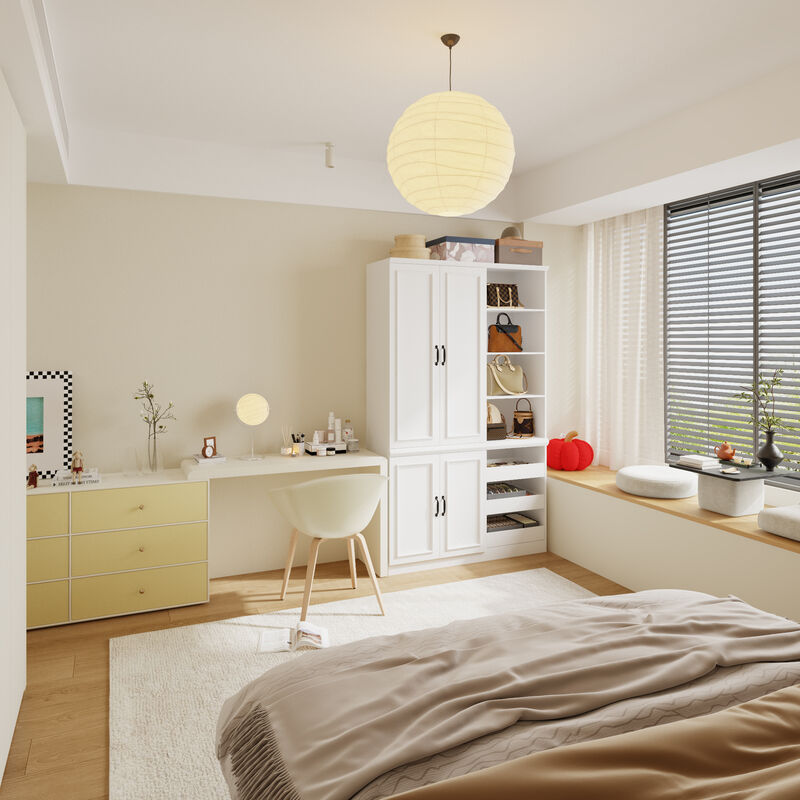 FUFU&GAGA White Lacquered Storage Cabinet with Adjustable Shelves, Open Compartments & Drawers (47.2 in. W x 16.5 D x 78.7 H)