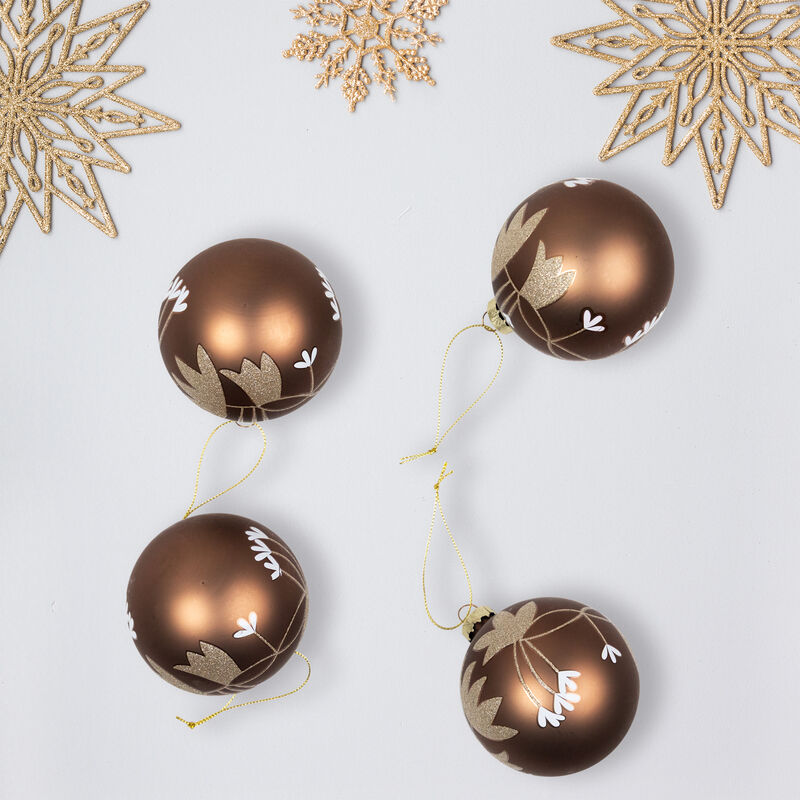 Glittered Flower Vine Glass Christmas Ball Ornaments - 3" (75mm) - Bronze - 4ct image number 9