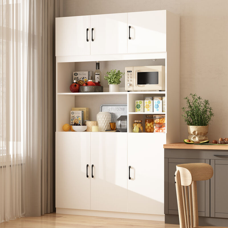 White Wooden Sideboard, Food Pantry, Wine Cabinet, Storage Cabinet with 4 Cabinet and 4 Open Shelves