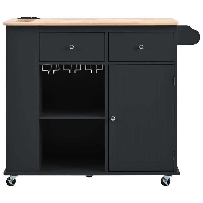 Merax Kitchen Island with Power Outlet,Kitchen Storage Island with Drop Leaf and Rubber Wood