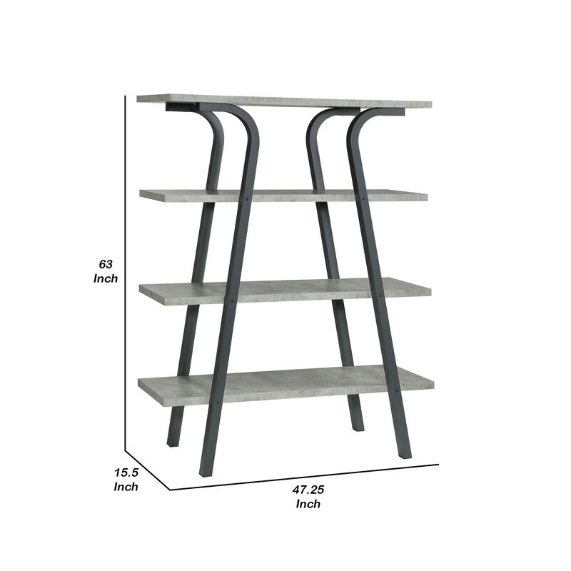 Ota 63 Inch Geometric Bookcase, 4 Cement Gray Wood Shelves, Gray Metal-Benzara image number 5
