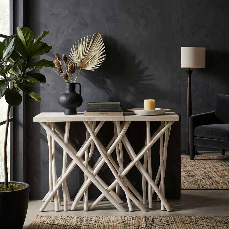 Kyra 47 Inch Sofa Console Table, Solid Teakwood Branch Legs, Whitewash Finish image number 1