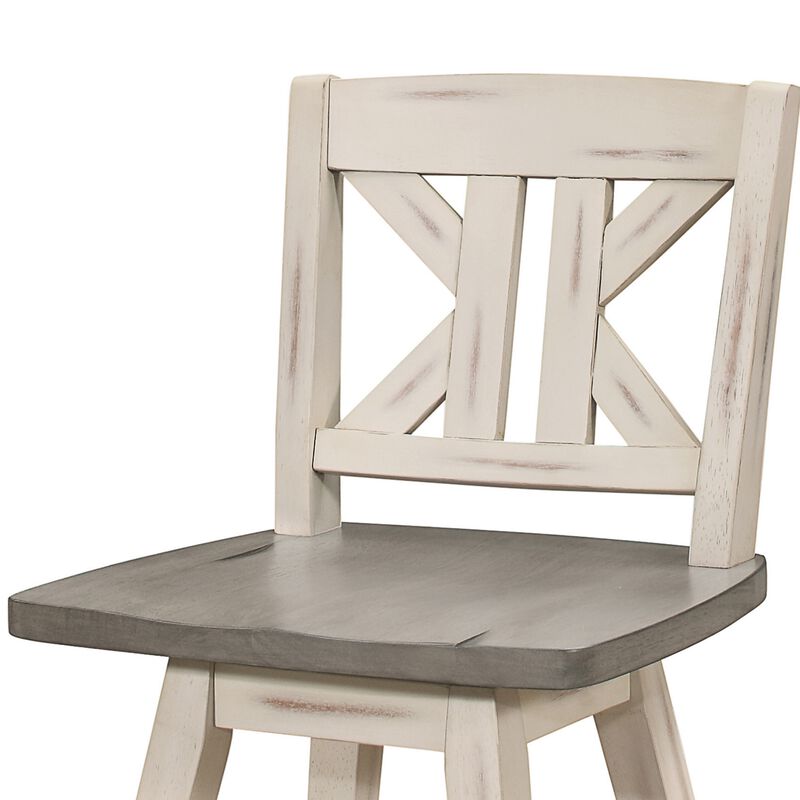 Ati 29 Inch Bar Height Stool Swivel Chairs Set of 2, Divided X Back, Gray, White