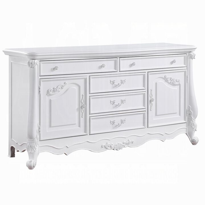 Maver Wide Dresser Chest with 6 Drawers, 2 Doors, Classic White Wood - Benzara
