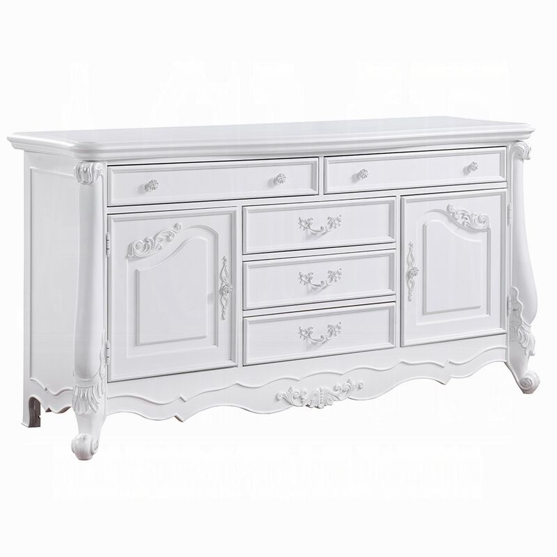 Maver Wide Dresser Chest with 6 Drawers, 2 Doors, Classic White Wood - Benzara