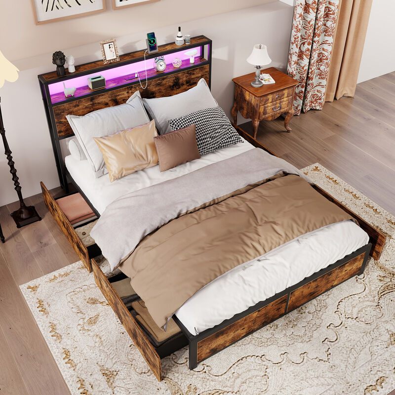 Bed Frame with LED Lights, Charging Station and 4 Drawers image number 3
