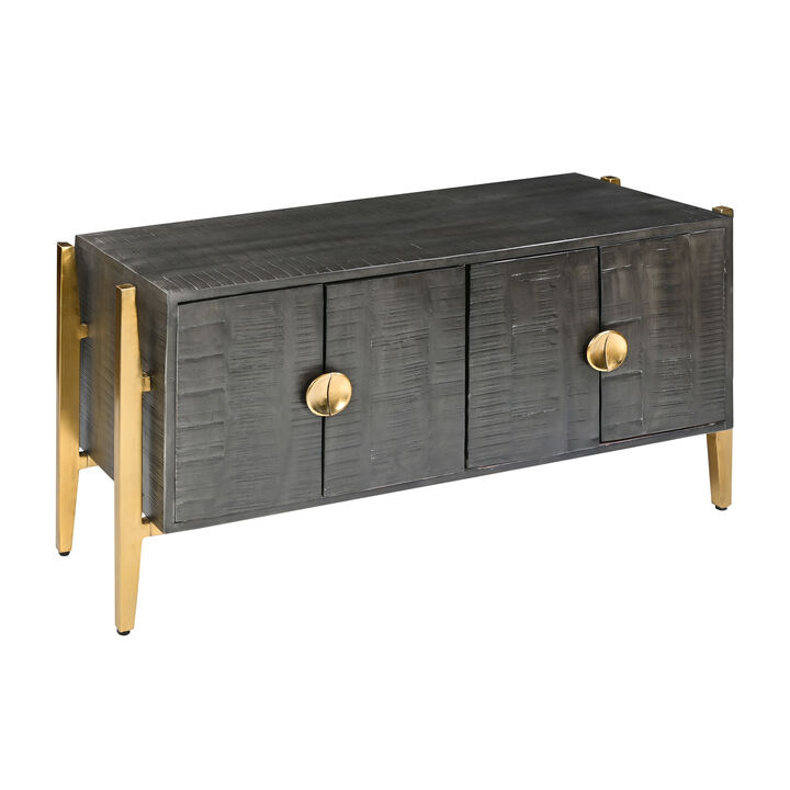 Tali 48 Inch Accent Sideboard Buffet Cabinet, 2 Doors with Gold Round Handles, Saw Marked, Charcoal Gray Acacia Wood-Benzara