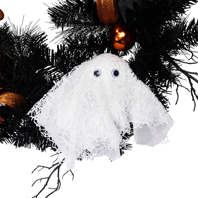 Orange Ornaments and Ghost Halloween Pine Wreath  24-Inch  Unlit image number 3