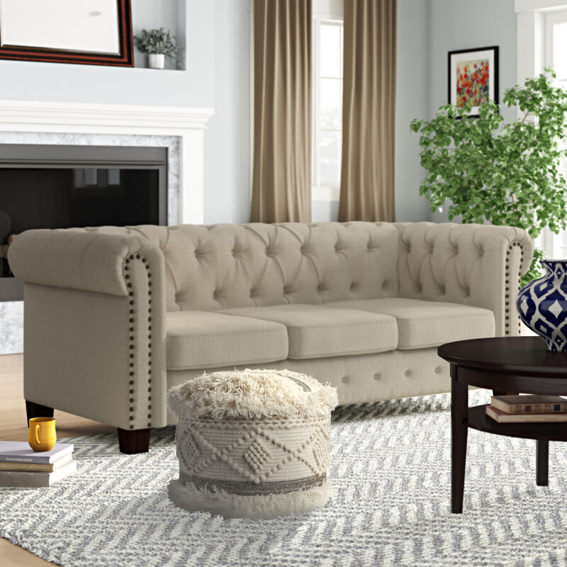 Hivvago 18 Inch Cream Wool Cotton Blend Round Geometric Pouf Ottoman