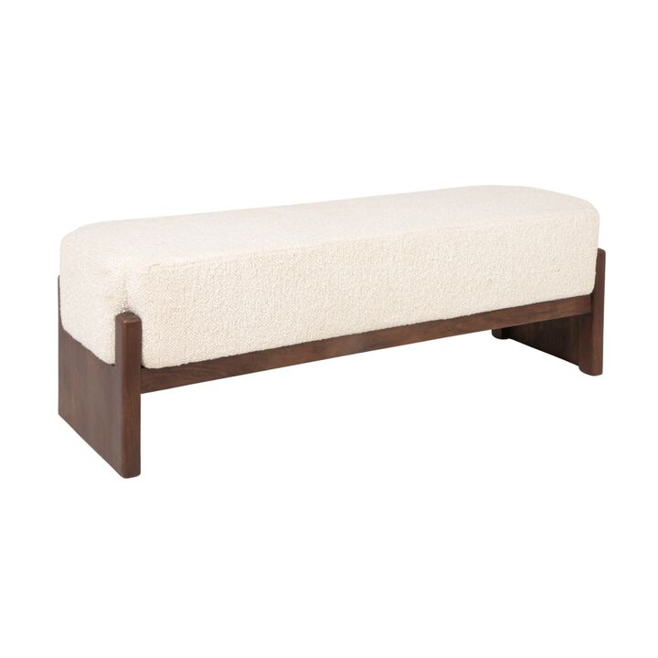 Boucle Upholstered Mango Wood Bench with Recessed Cushion and Slat-style Legs, Walnut