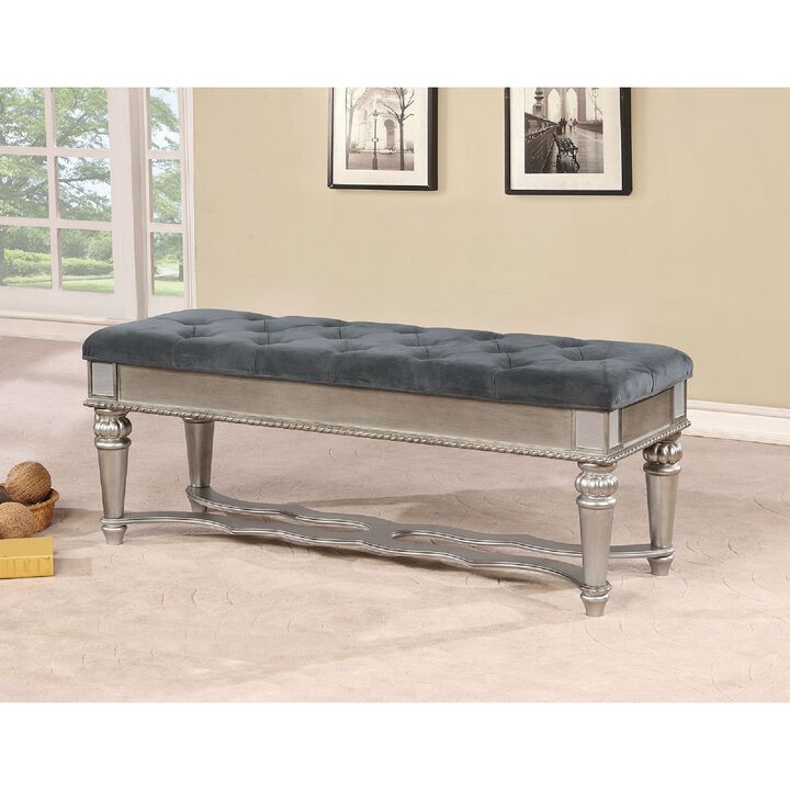 Traditional Style Solid Wooden Bench with Tufted Seat, Silver and Blue-Benzara
