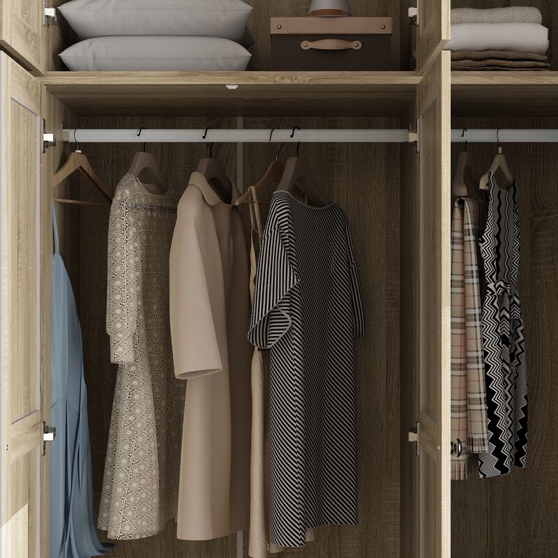 FUFU&GAGA Wood Grain Rattan Doors Design Armoires Wardrobe with 4-Drawers, 2-Hanging Rods  (59.1" W x 19" D x 94.5" H),Light Brown