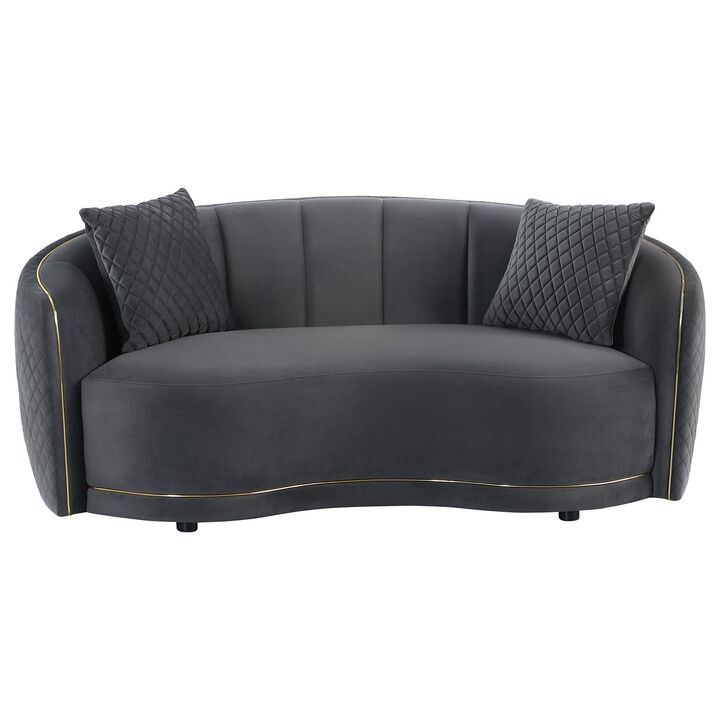 Buo Curved Loveseat, 73 Inch Dark Gray Polyester, Gold Trim, 2 Pillows - Benzara
