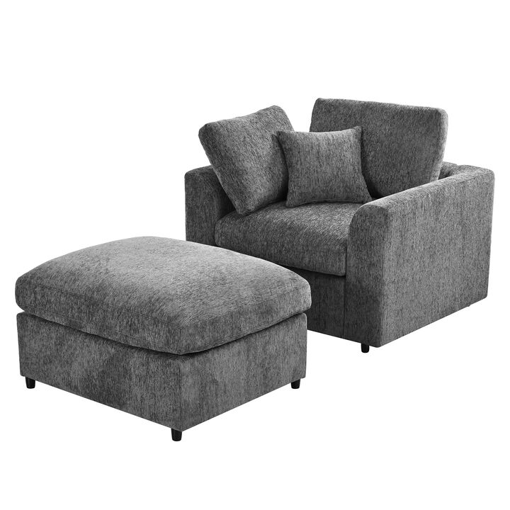 Merax Chenille Armchair with Movable Ottoman, High-Density Foam & Pocket Springs