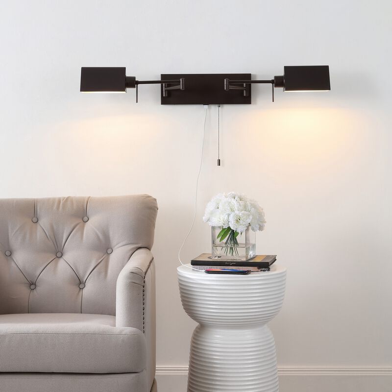 Arlo 54" 2-Light Farmhouse Industrial Double Swing Arm Iron LED Wall Sconce with Pull-Chain USB Charging Port