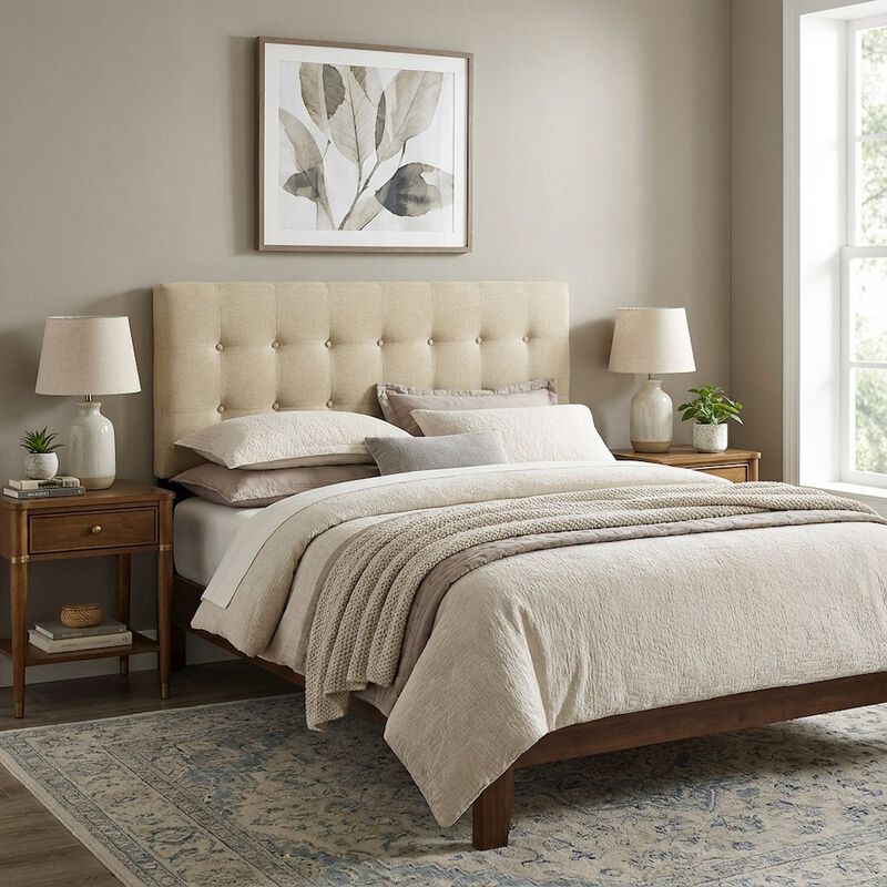 Upholstered Fabric King Headboard in Neutral Tone with Padded Design image number 3
