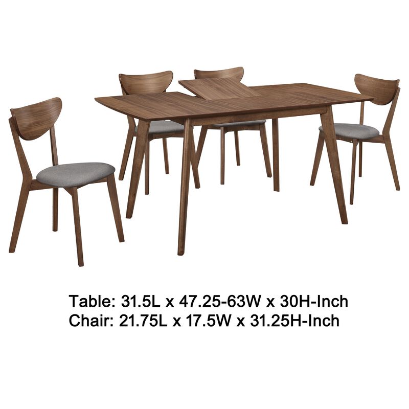 Relo 5pc Extendable Dining Table and 4 Chairs, Walnut Brown, Gray - Benzara