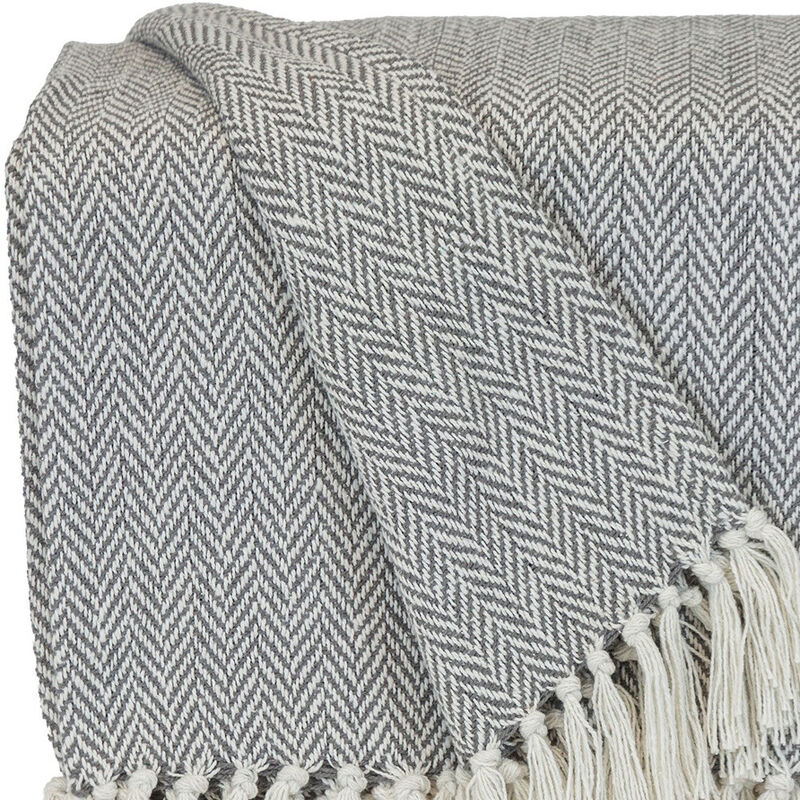HomeRoots Handloomed Light Gray Cotton Throw Blanket with Tassels image number 4