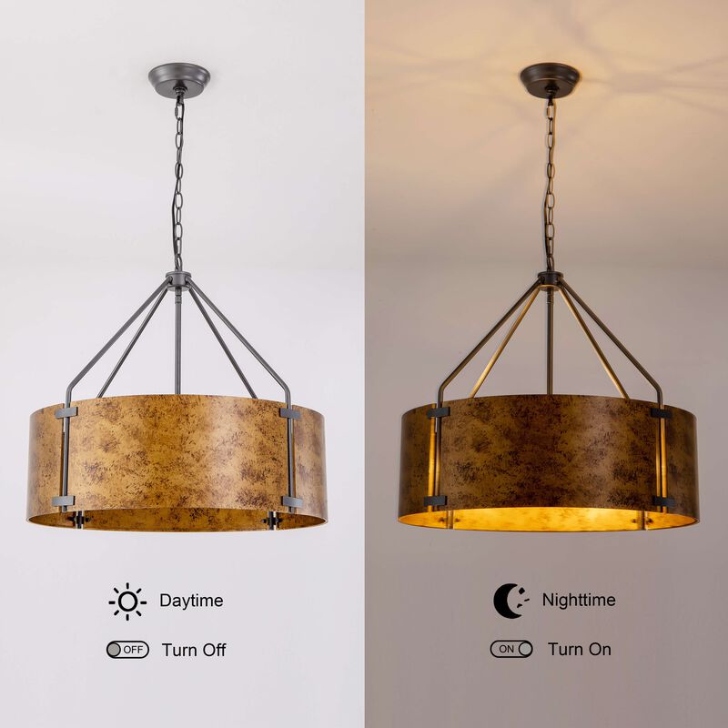 Milka 22" Rustic 4-Light Black and Brown Metal Drum Shade Chandelier image number 7