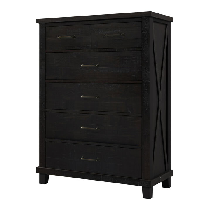 Rustic Farmhouse Style Solid Pine Wood Six-Drawer Chest Tallboy for Bedroom, Living Room, Coffee