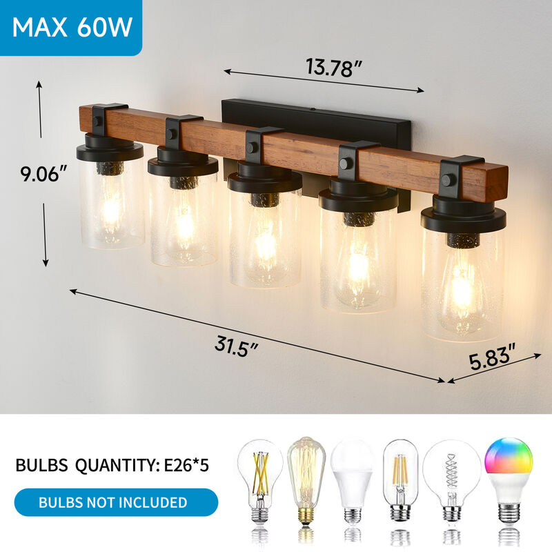 ELEMENT ACE 5-Light Wall Mount Lamp with Clear Glass Shades, Moisture & Corrosion Resistant Vanity Lighting for Bathroom Kitchen Dining Room, Easy to Install image number 2