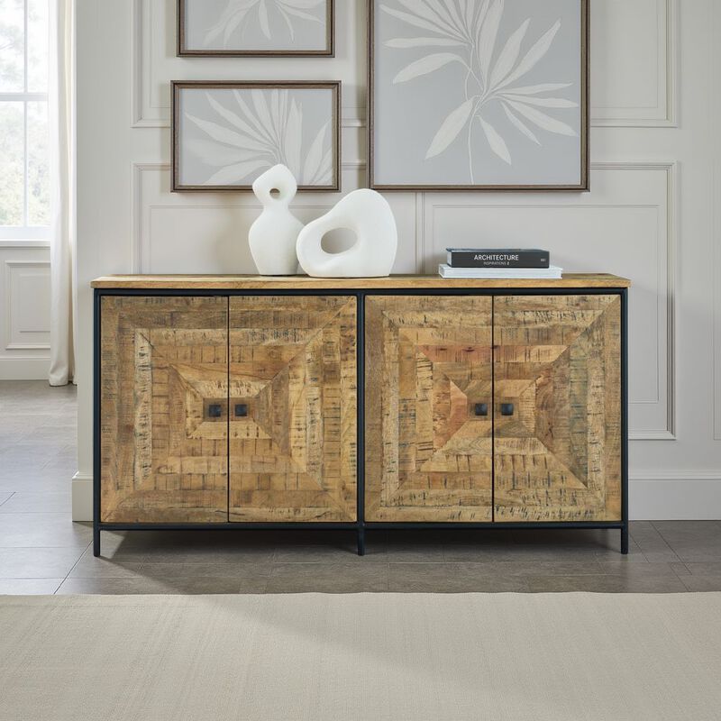 Sideboard Cabinet Console, Square Patterned Brown Mango Wood 63 Inch