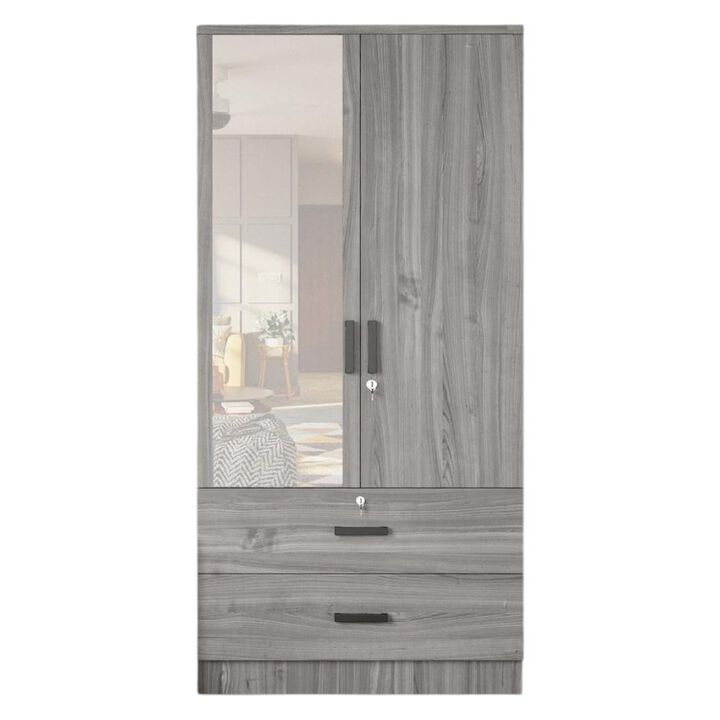 Mirrored 2 Door Wardrobe & 2 Drawers in Grey Color