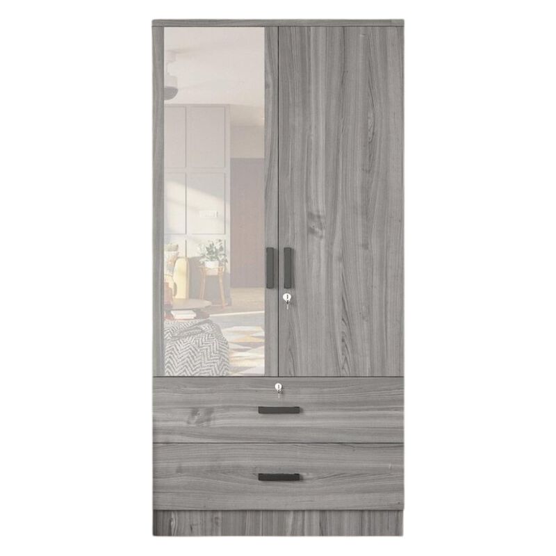 Mirrored 2 Door Wardrobe & 2 Drawers in Grey Color